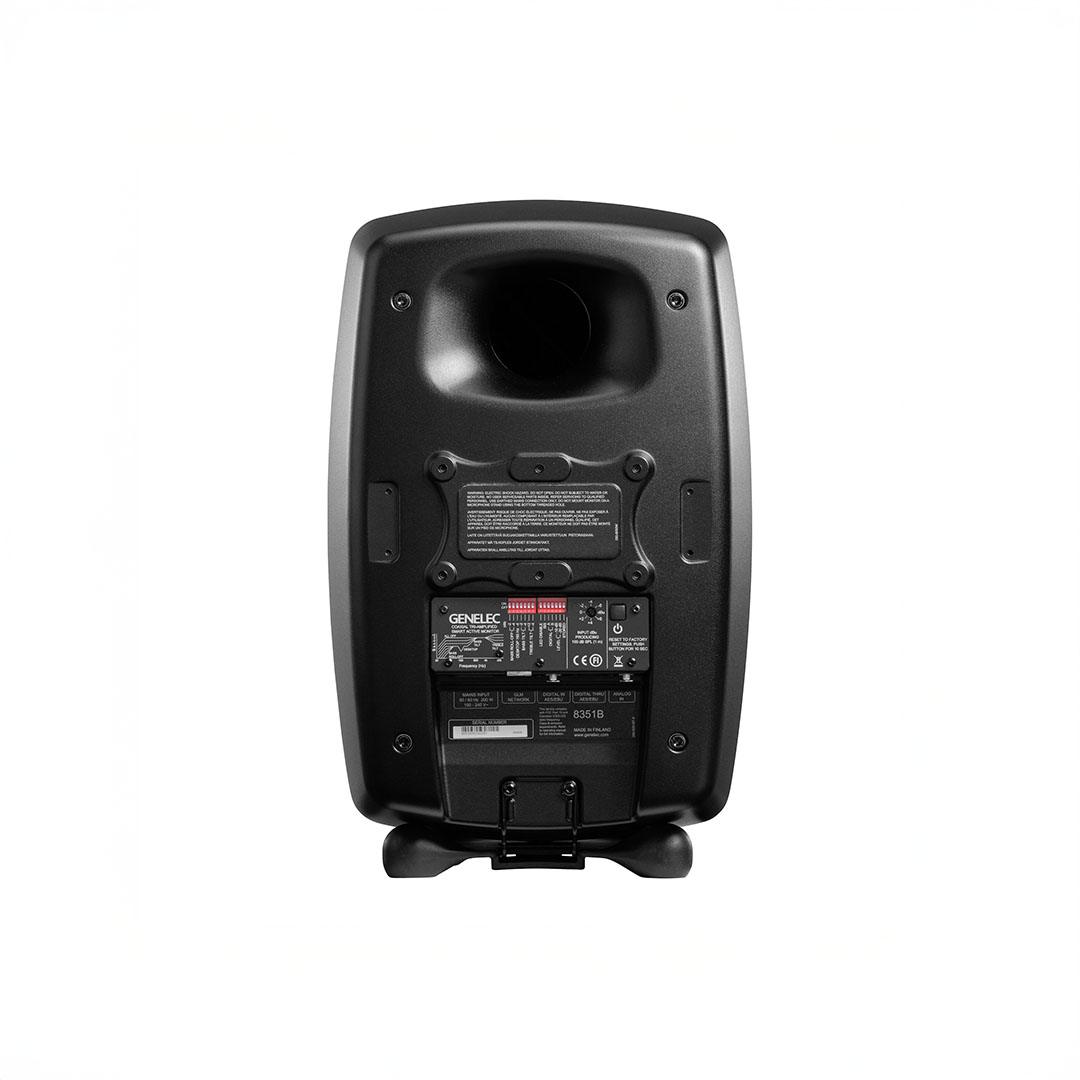 Rear view of black speaker with control panel.