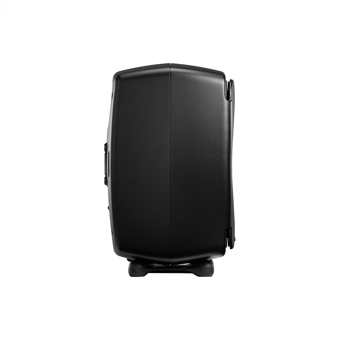 Black suitcase standing upright with side view