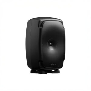 Black Genelec speaker against a white background.