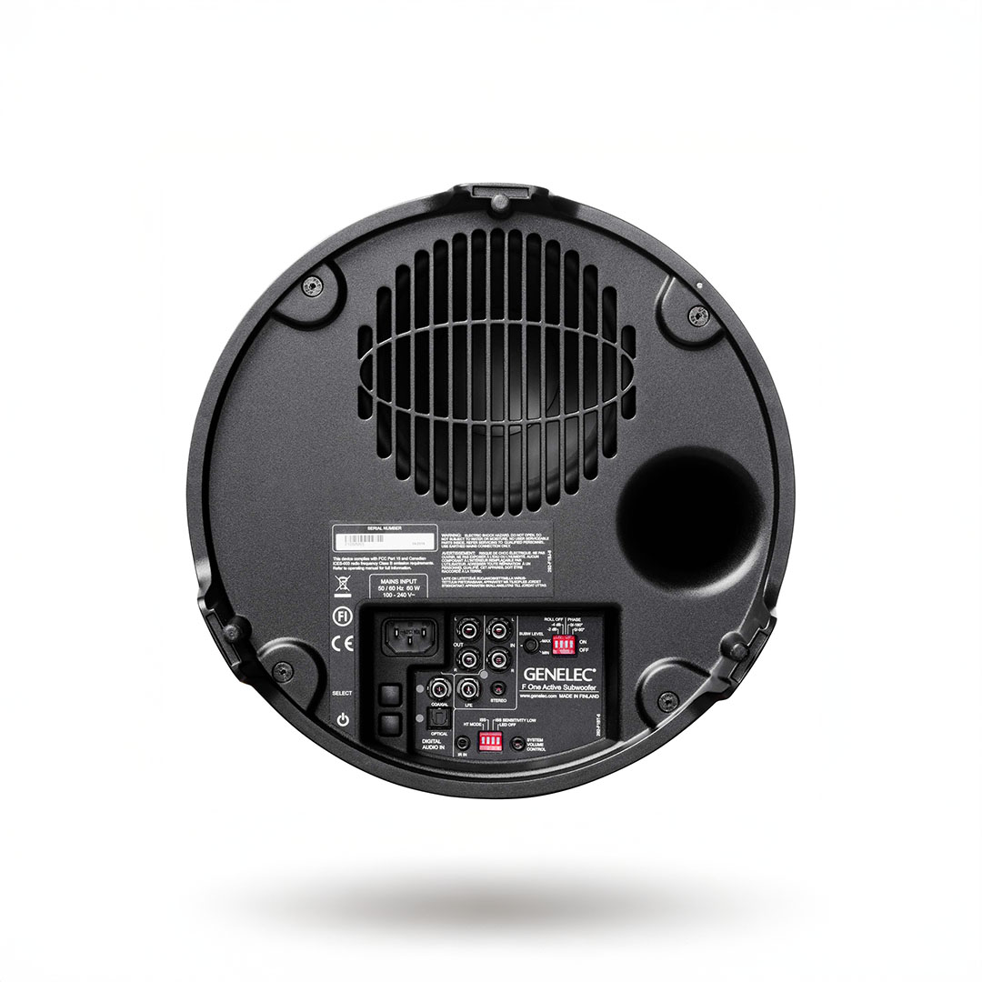 Bottom view of Genelec active subwoofer.