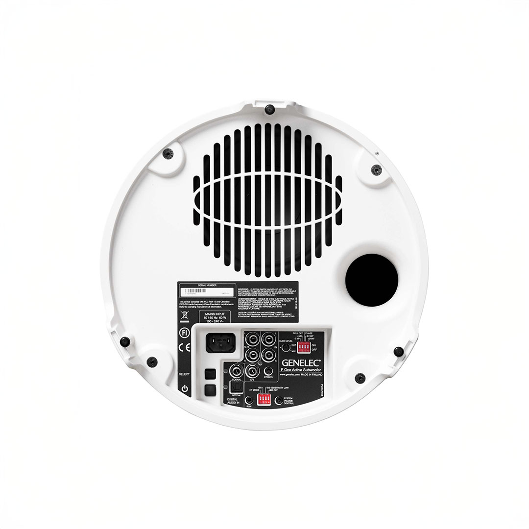 Back view of subwoofer with ports and labels.