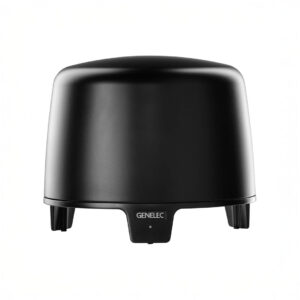 Genelec black speaker with minimalist design.