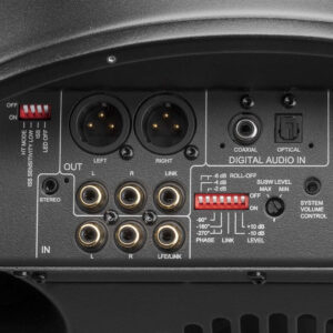 Audio equipment back panel with various input ports.
