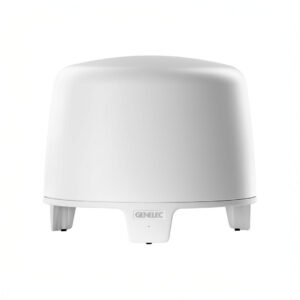 White Genelec subwoofer isolated on white background.