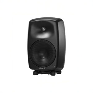 Black studio monitor speaker on white background.