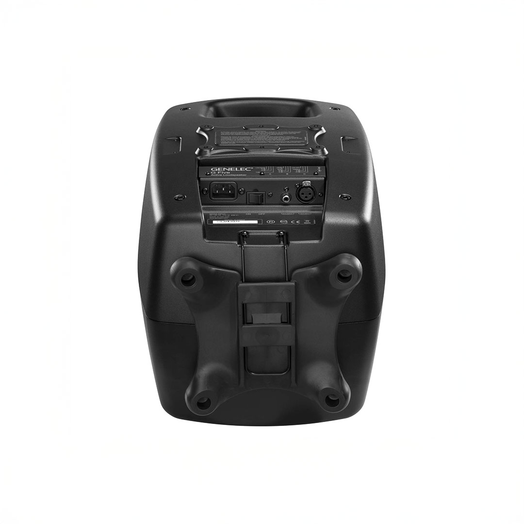 Back view of a black speaker with connectors