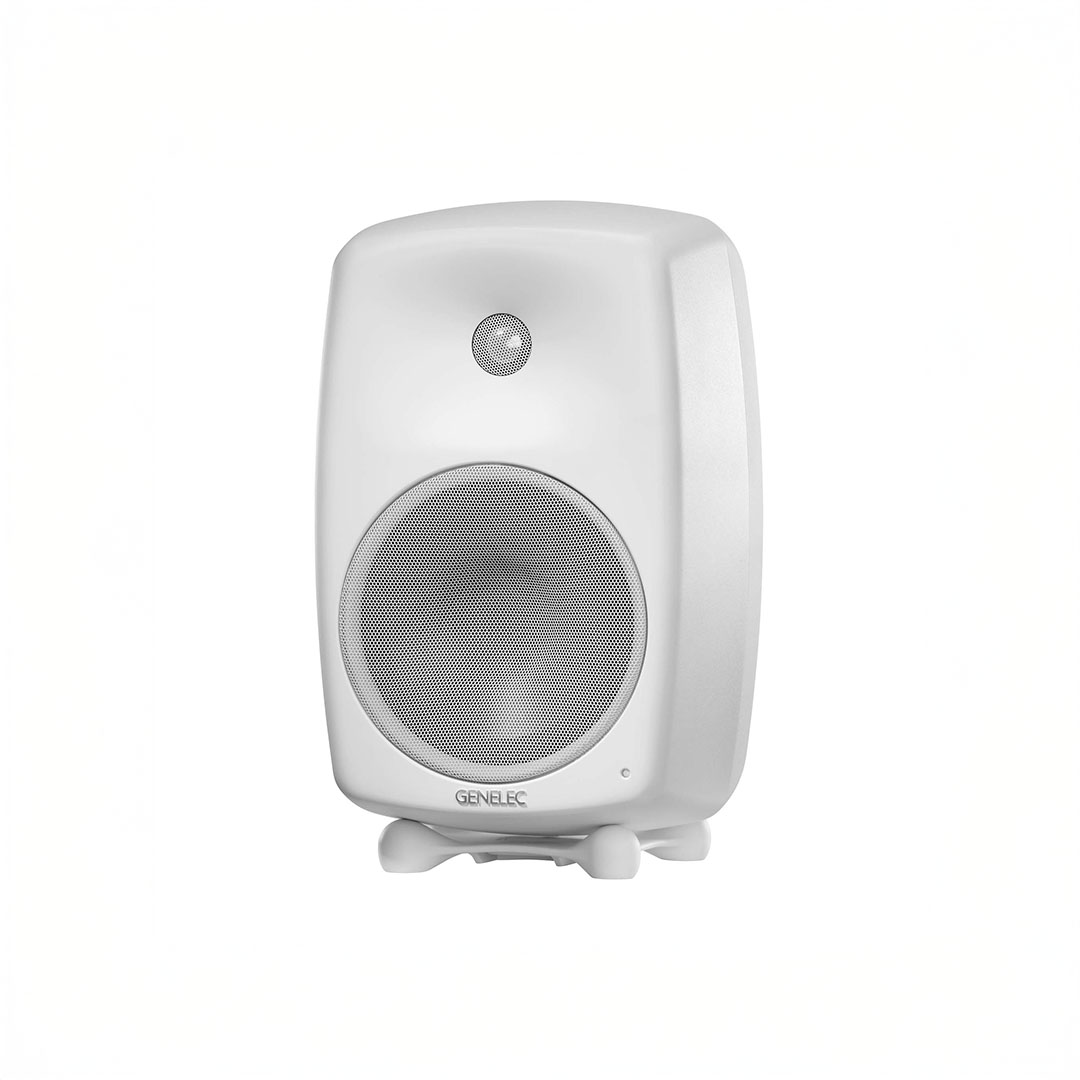 White studio monitor speaker with grille