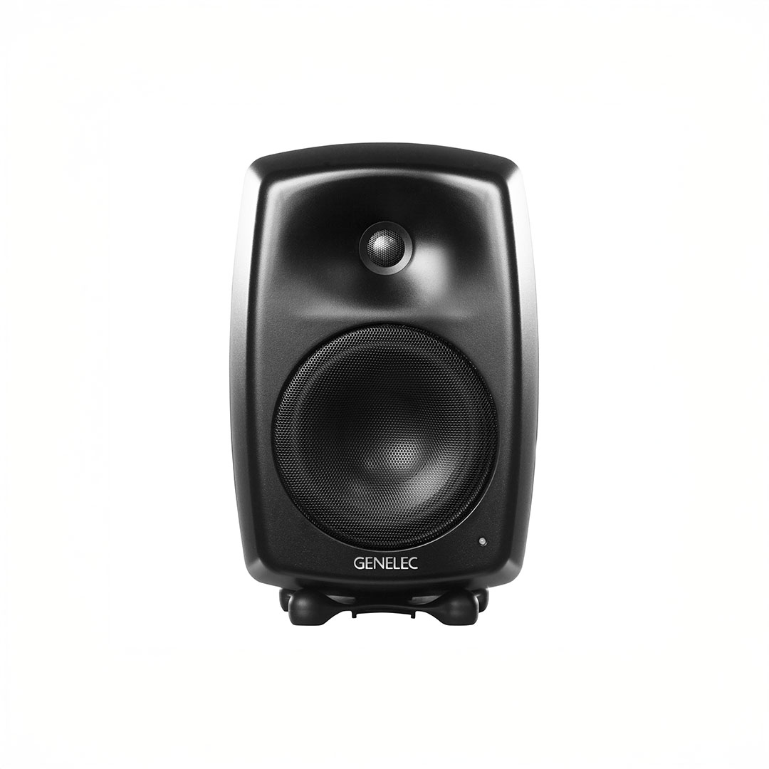 Black Genelec studio monitor speaker front view