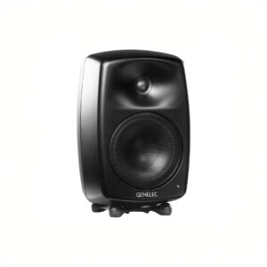 Black Genelec speaker on white background.