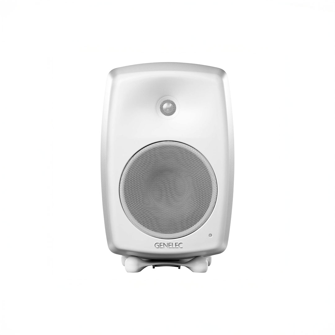 White Genelec speaker front view on white background.