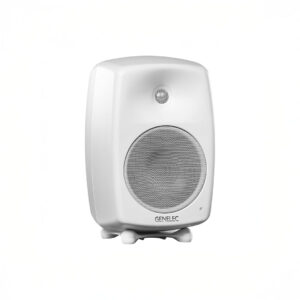 White Genelec speaker on white background