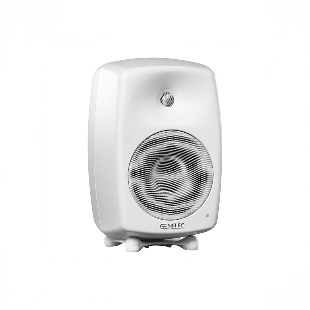 White Genelec speaker on white background