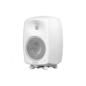 White speaker with grill and dome tweeter.