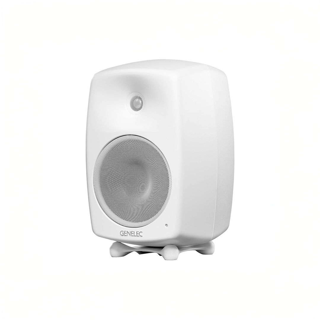 White speaker with grill and dome tweeter.