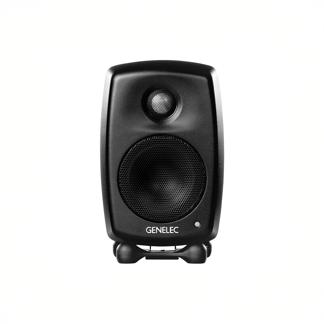 Genelec black studio monitor speaker front view