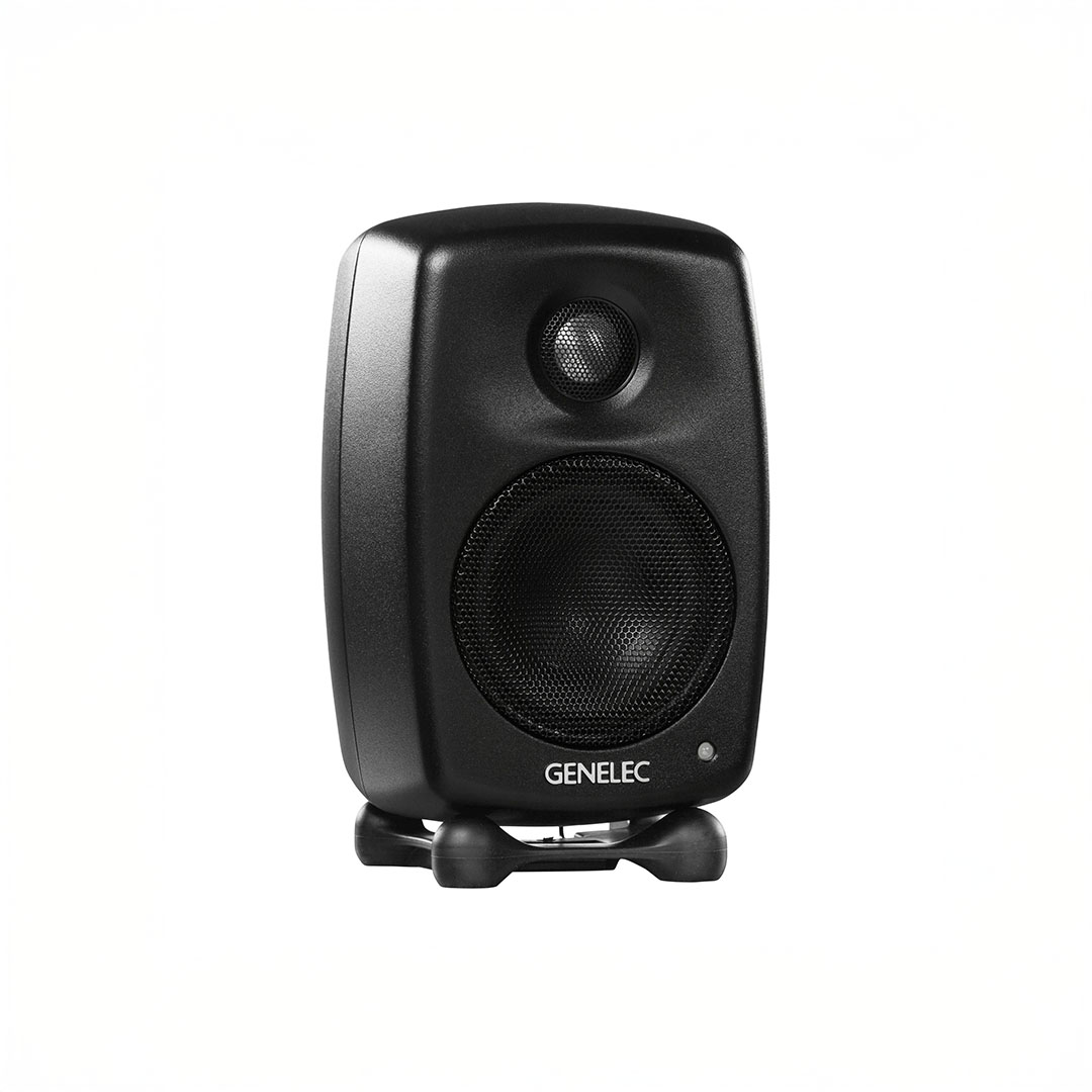 Black studio monitor speaker on stand