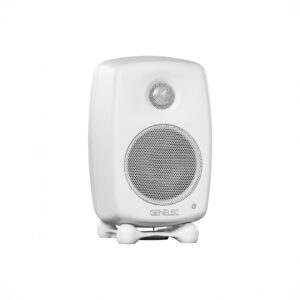 White Genelec speaker on display.