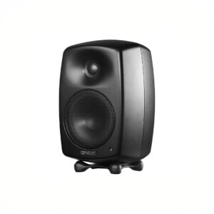 Black audio studio monitor speaker on white background.