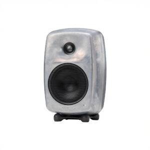 Gray audio speaker with metallic finish and grill.