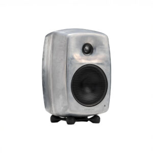 Modern aluminum speaker on stand