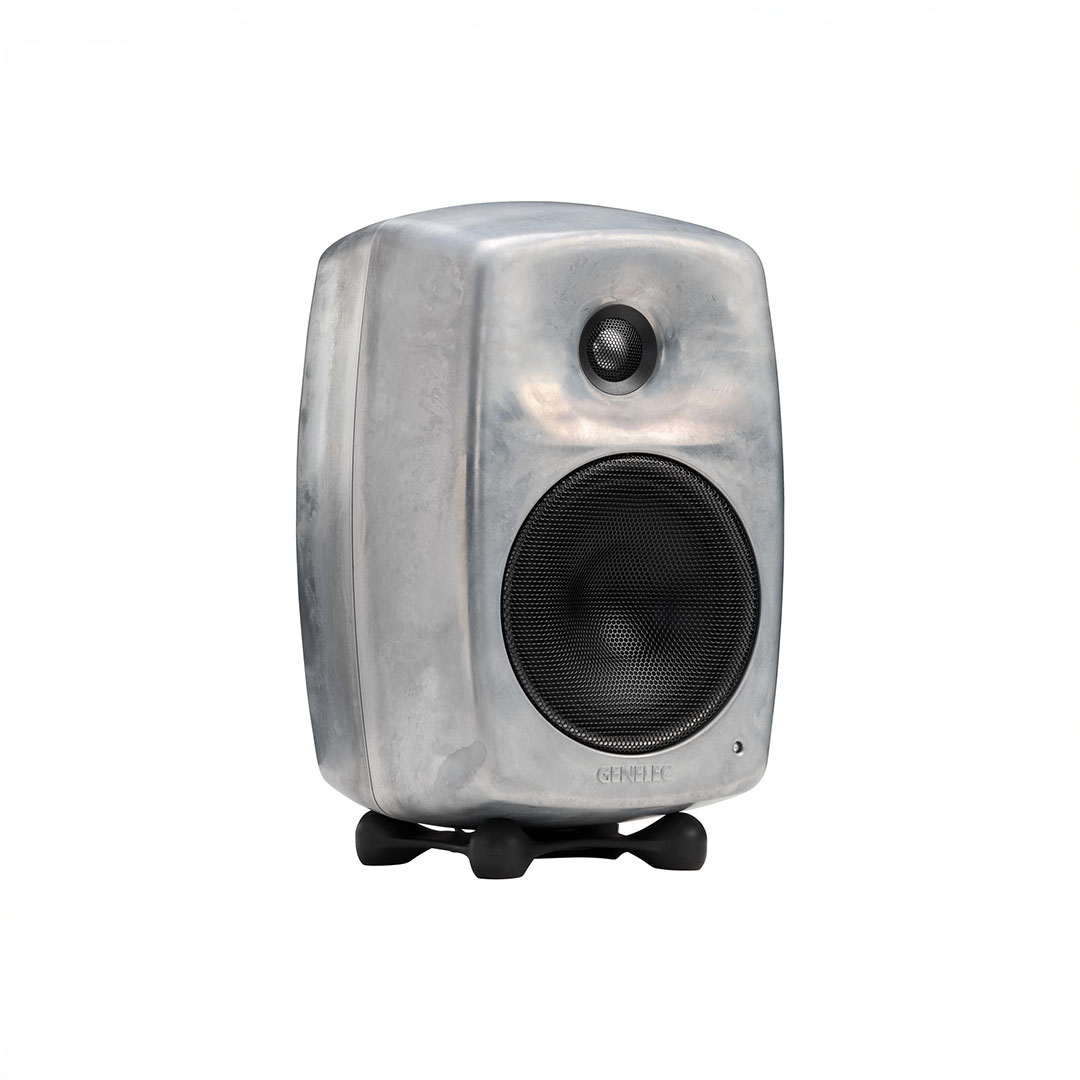 Modern aluminum speaker on stand