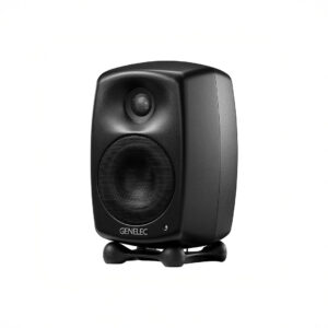 Black audio studio monitor speaker on stand.