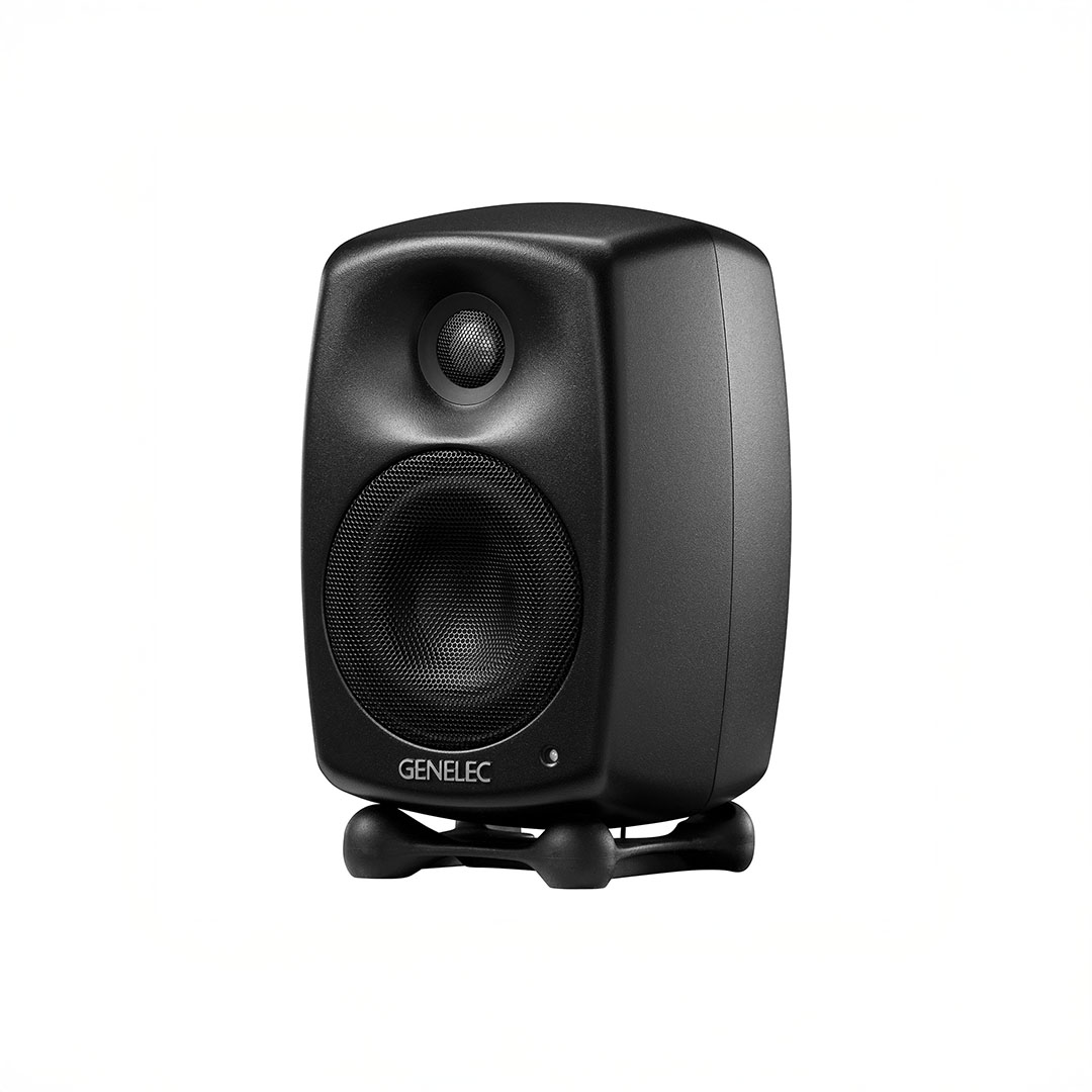 Black audio studio monitor speaker on stand.