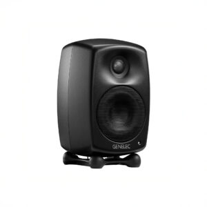 Black studio monitor speaker with stand