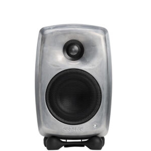 Metallic speaker with round grill and tweeter.