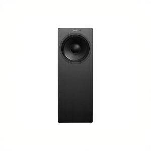 Black floor-standing speaker with large woofer