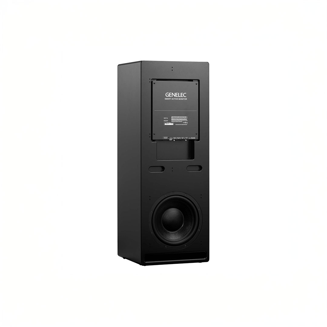 Genelec black speaker with integrated subwoofer.