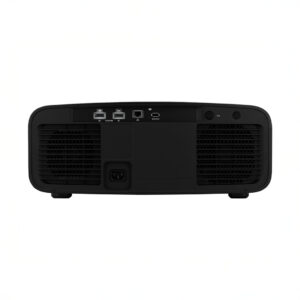 Back view of black projector with connectivity ports.