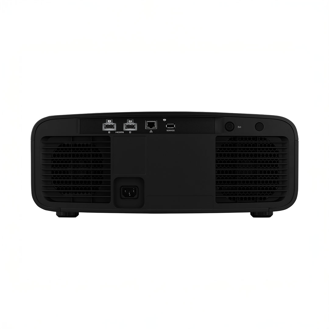 Back view of black projector with connectivity ports.