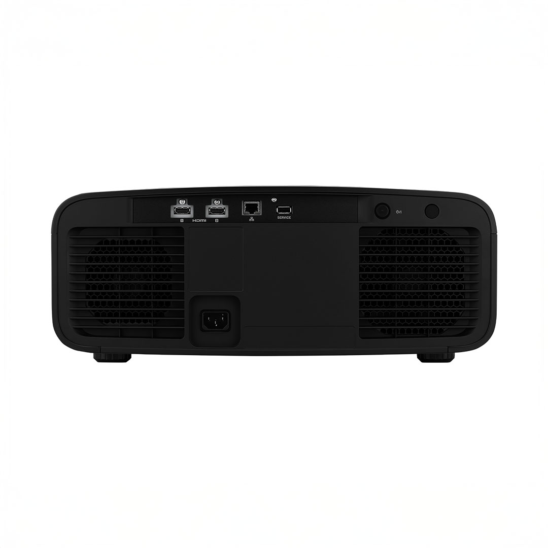 Back view of black projector with ports