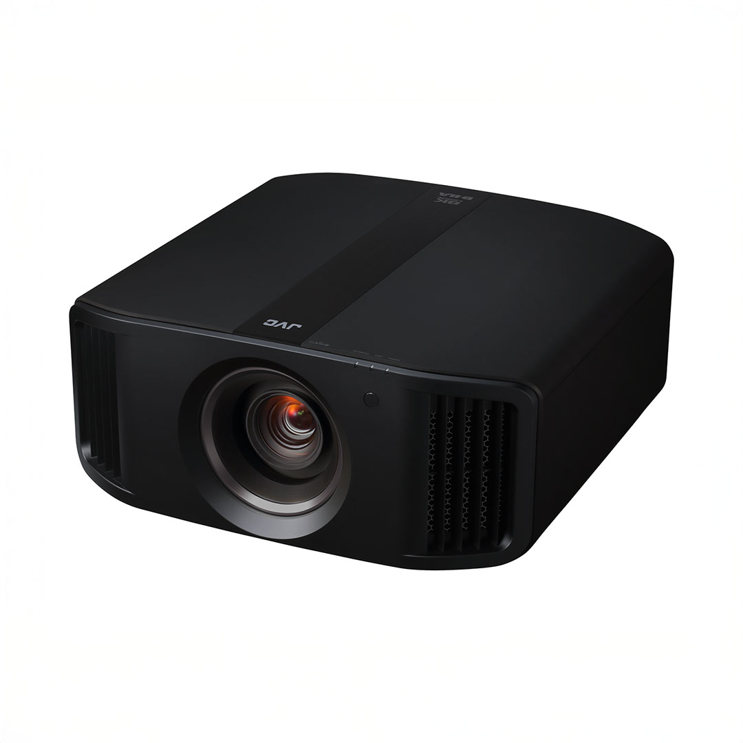 Black JVC projector on white background