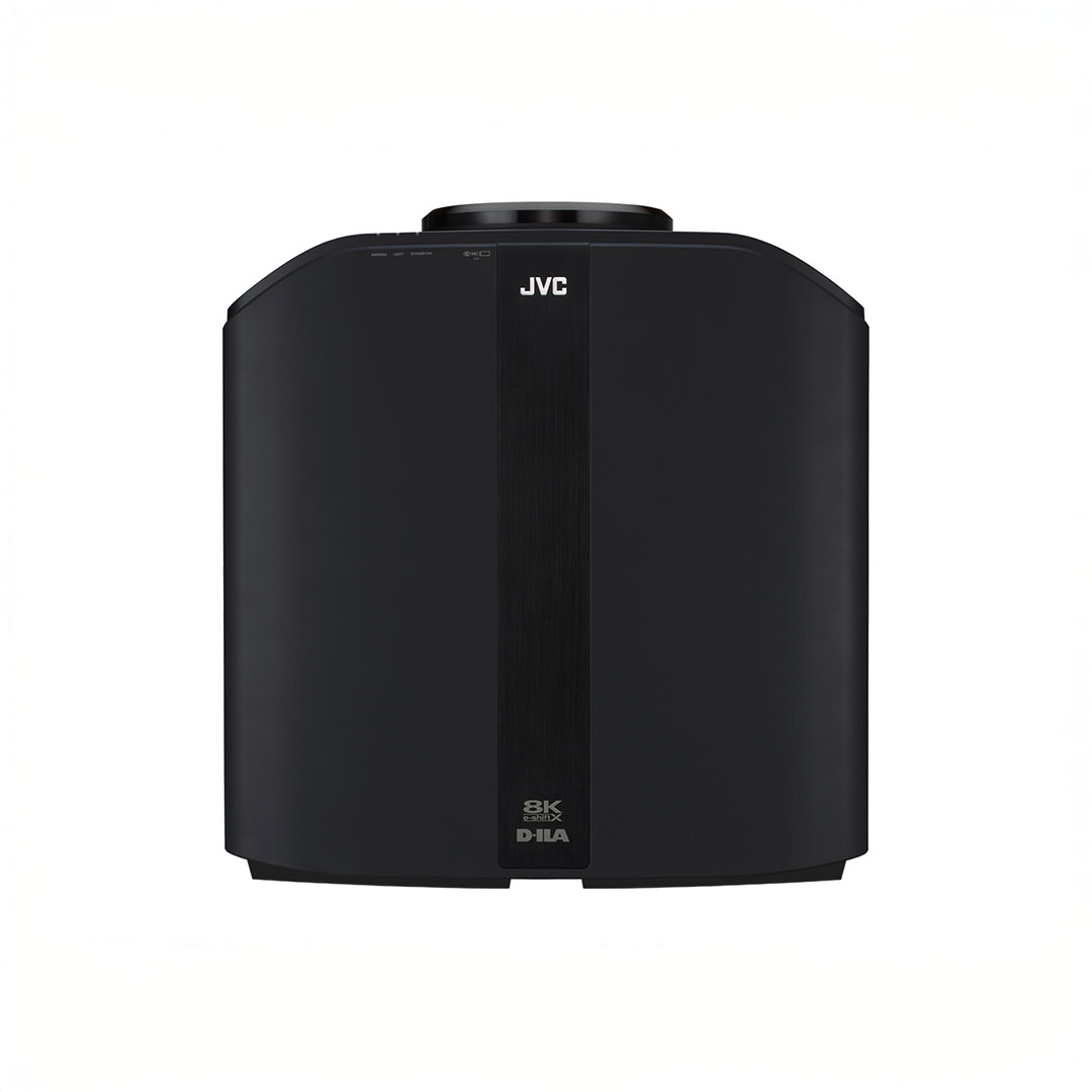 JVC 8K home theater projector, black, front view.