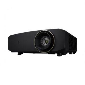 Black projector with gold-trimmed lens.