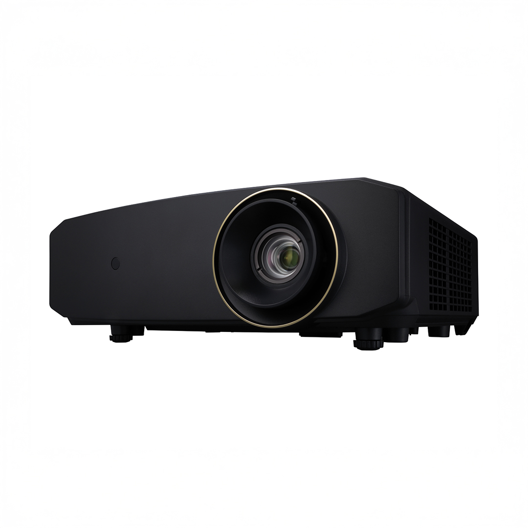 Black projector with gold-trimmed lens.