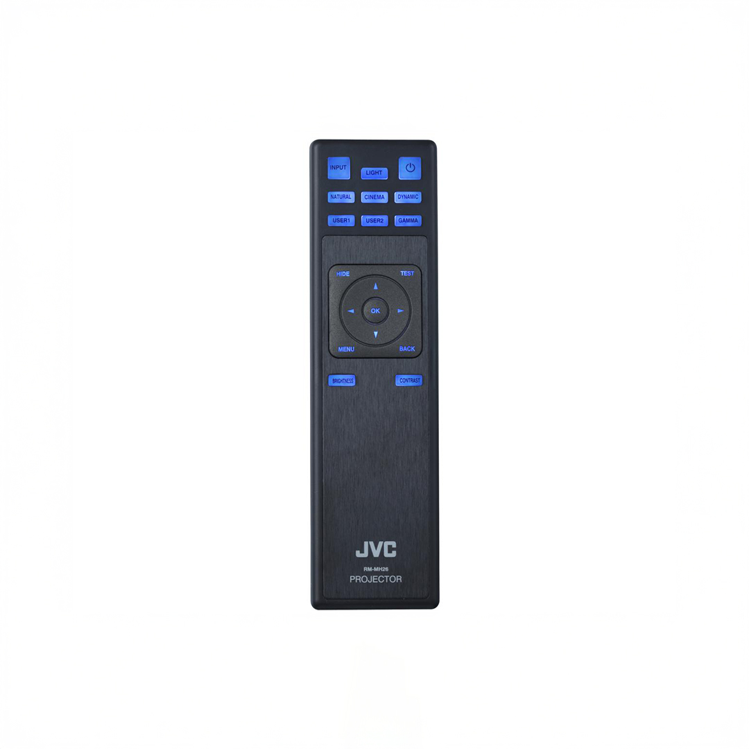 JVC projector remote control with blue buttons.