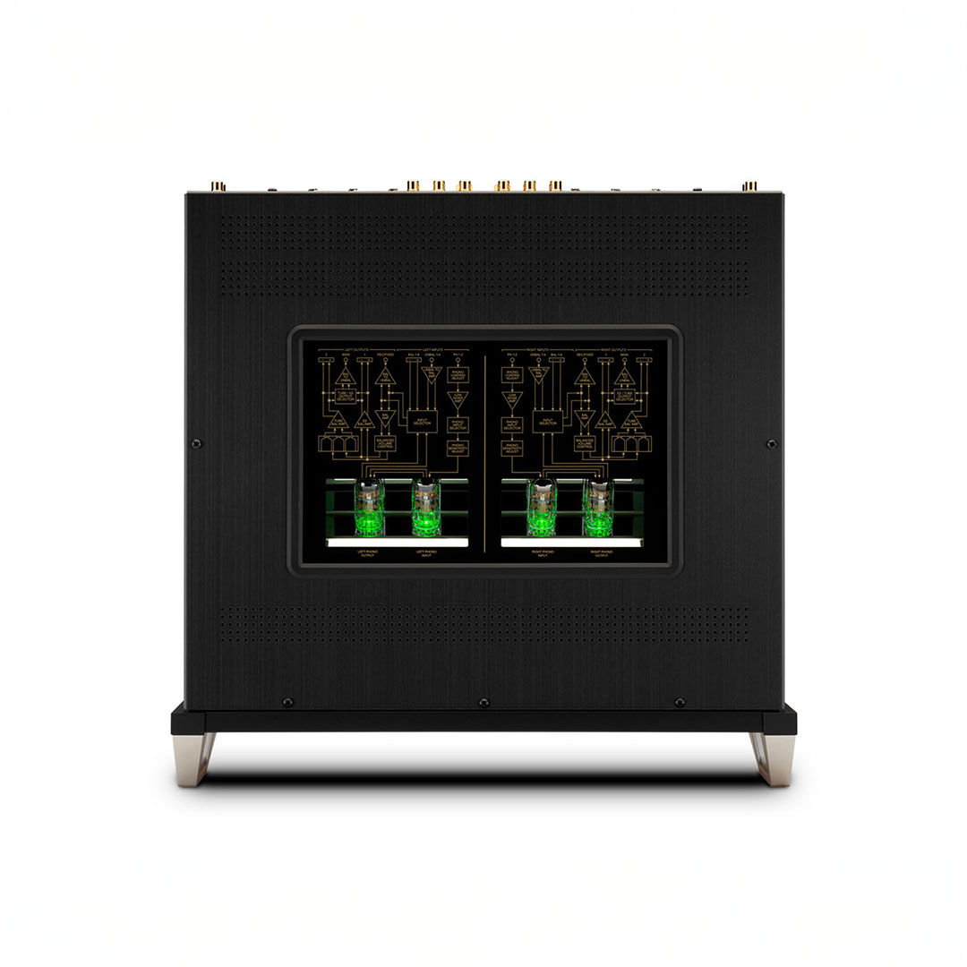 High-end audio amplifier with glowing green details