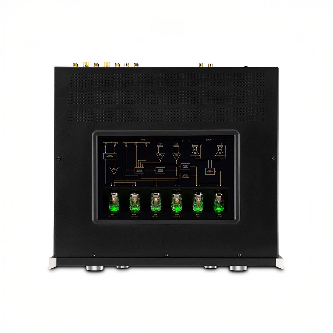 Audio amplifier back panel with tube circuitry