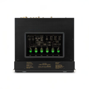 Black tube preamplifier with glowing green lights.