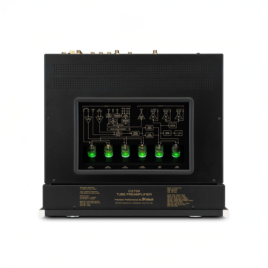 Black tube preamplifier with glowing green lights.