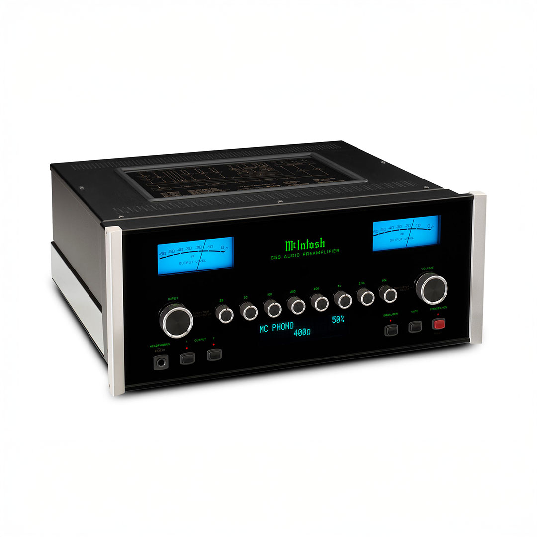 McIntosh audio preamplifier with control knobs.