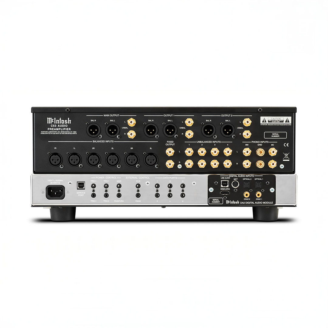 McIntosh audio preamplifier rear view with connectors.