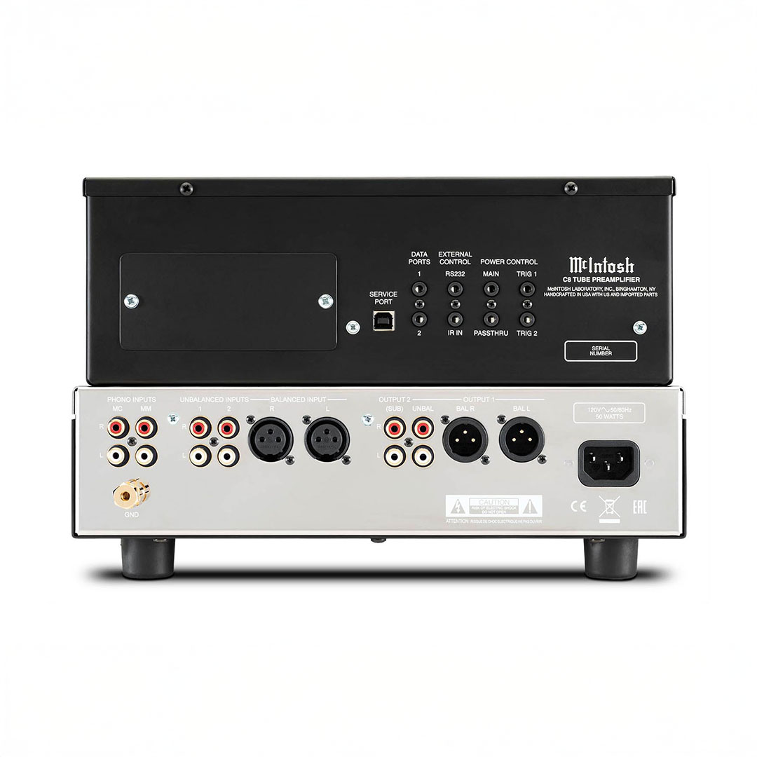 Back view of audio preamplifier with various ports.