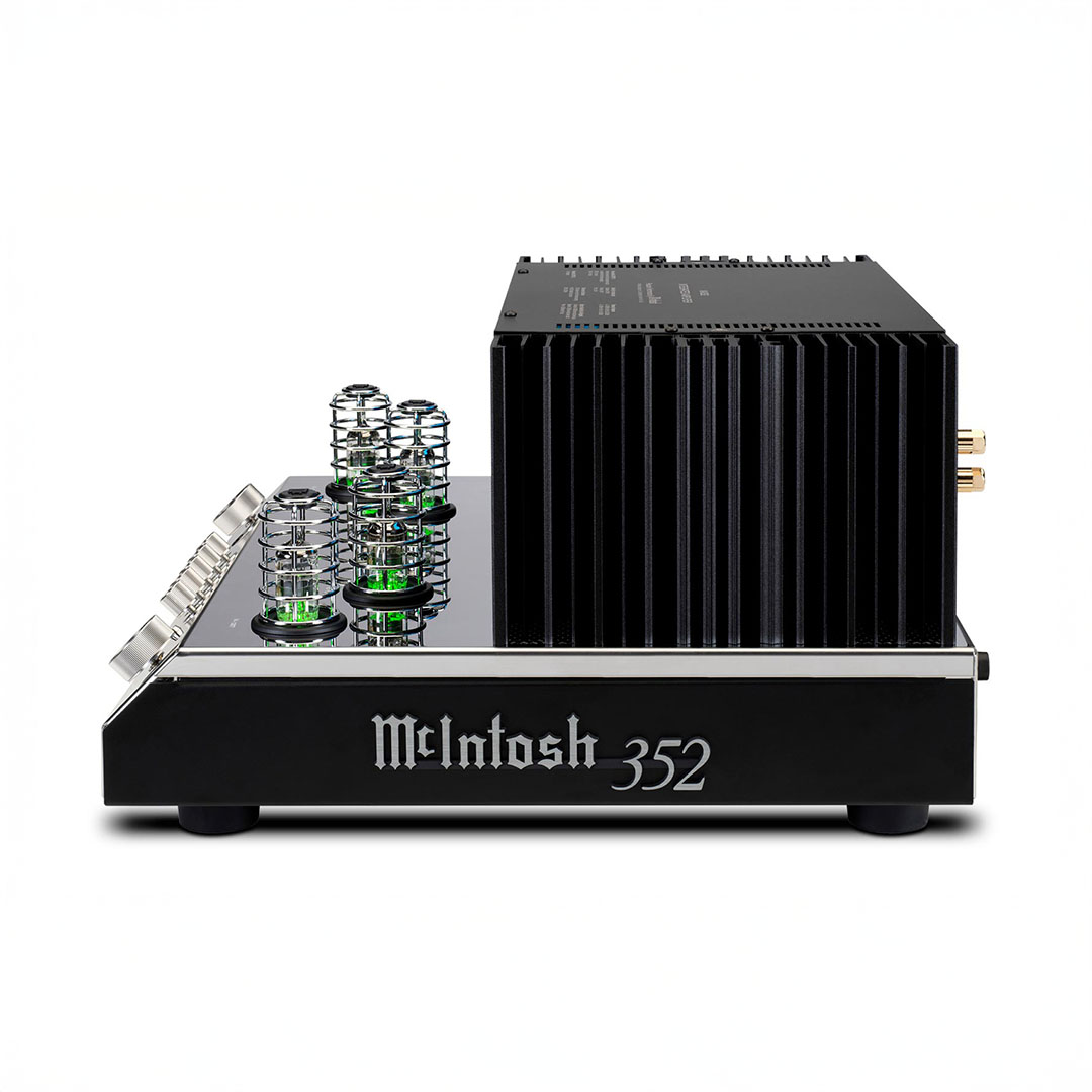 High-end audio amplifier with vacuum tubes and heatsink.