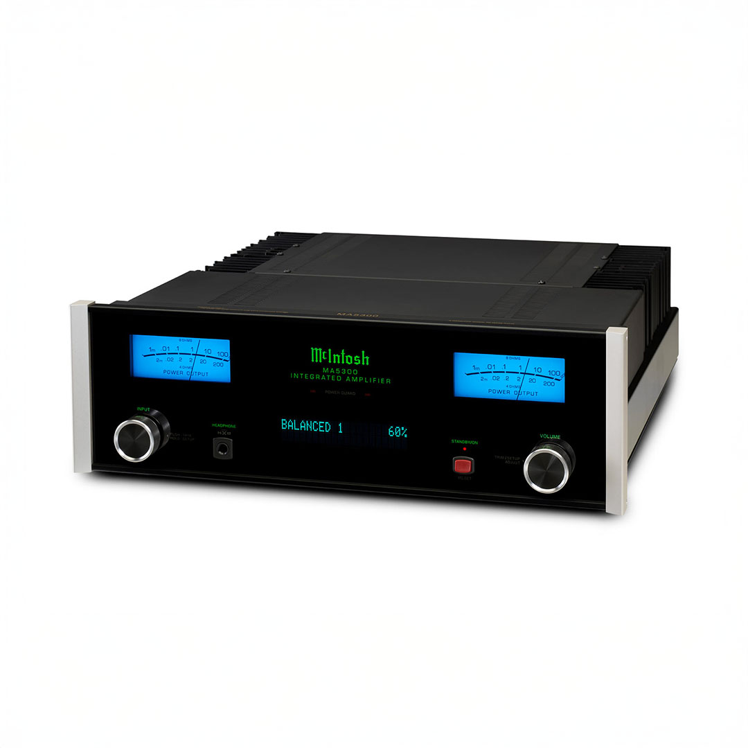 High-end McIntosh audio amplifier with display meters.