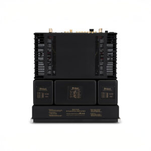 Rear view of high-end black audio amplifier.