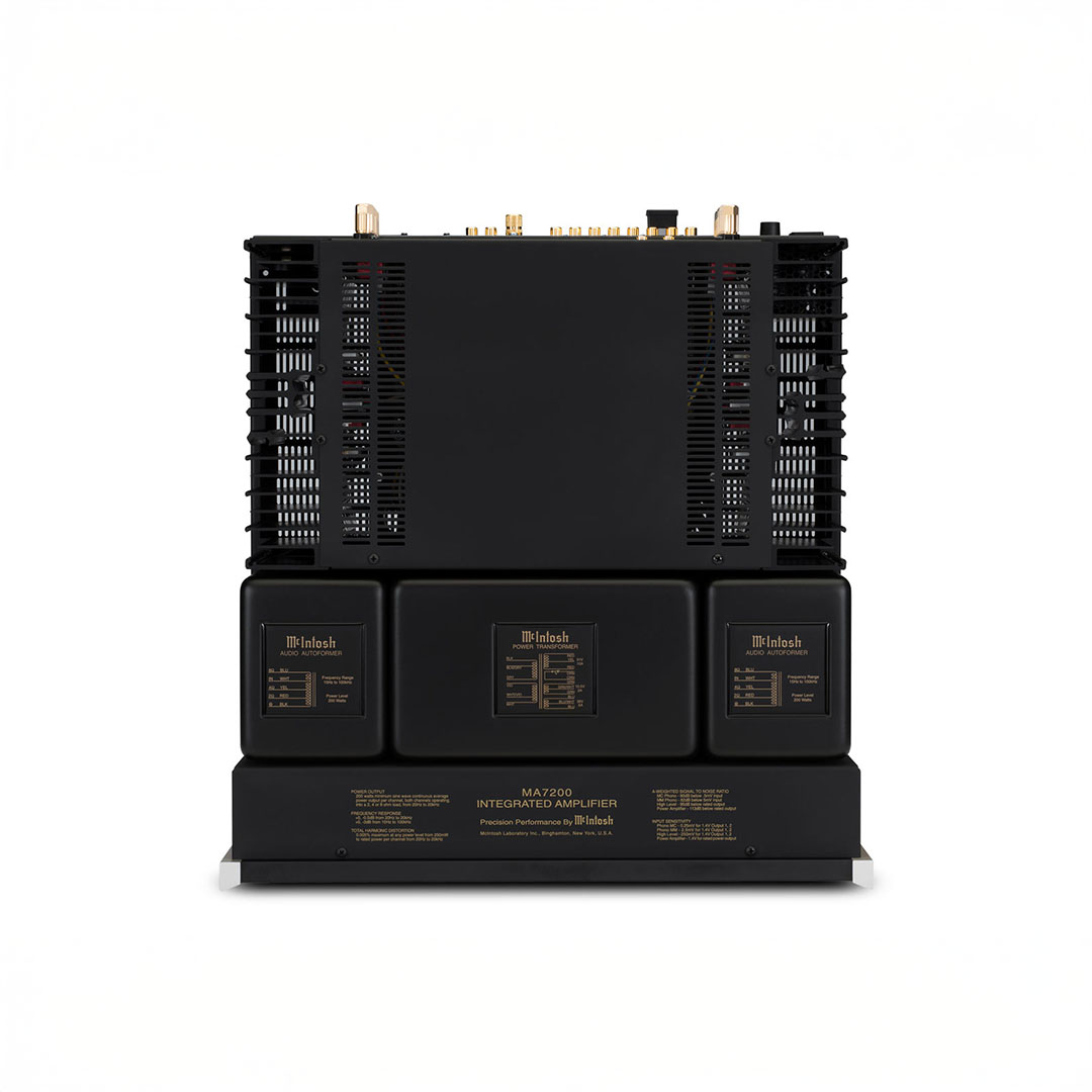 Rear view of high-end black audio amplifier.